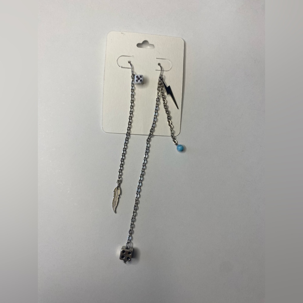Chain Earrings With Dice, Lightning Bolt And Leaf Pendants